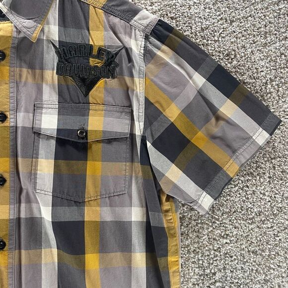 Harley Davidson Shirt Adult Medium Grey Yellow Plaid Dutton Up Casual Mens Patch - Picture 3 of 13
